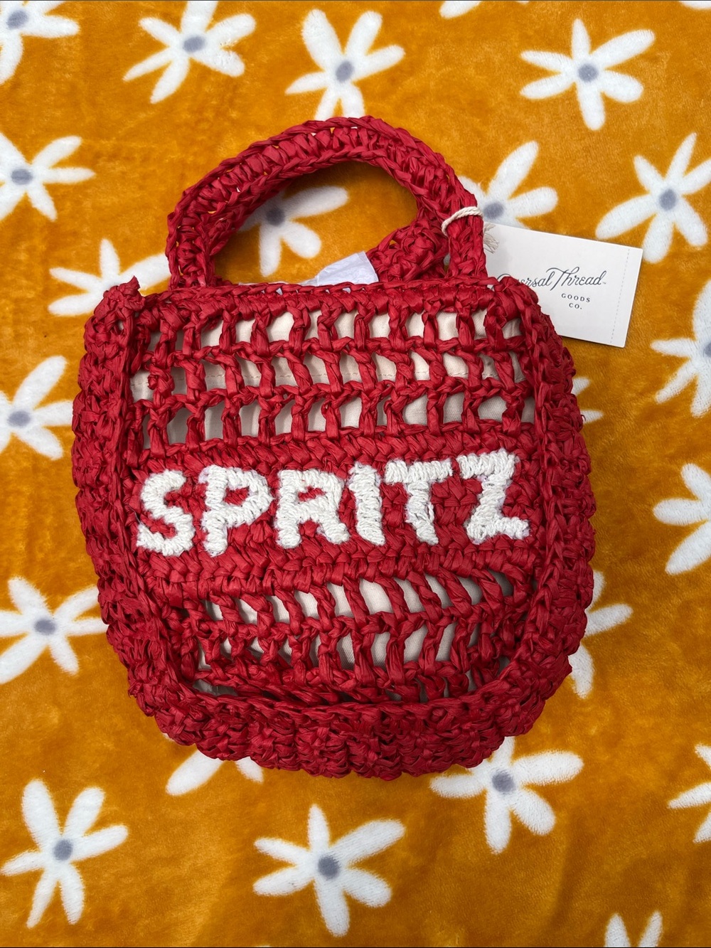 NWT $25 Universal Thread Red Woven Mini Tote Crossbody with 'SPRITZ' Lettering